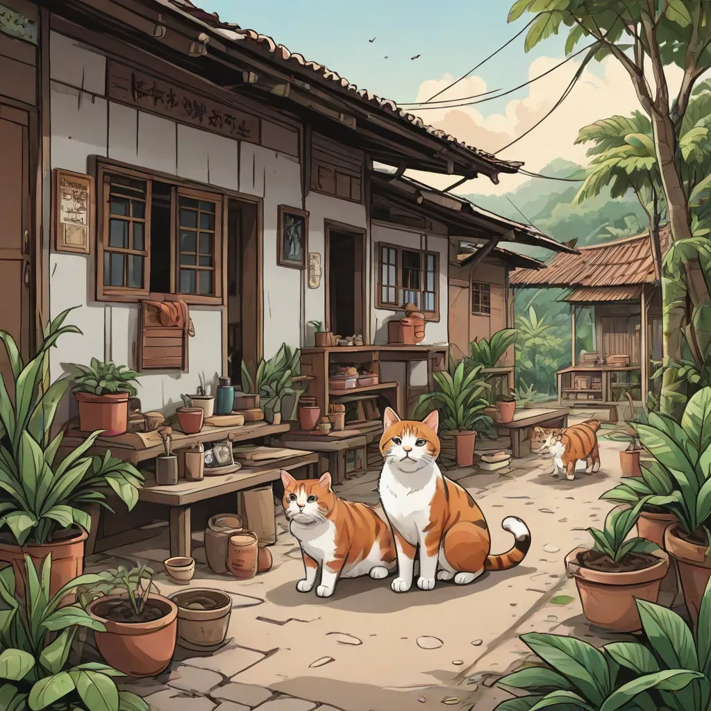 a couple of cats sitting on top of a stone walkway next to a house with potted plants and a bird, Dan Mumford, environmental art, a storybook illustration, official art