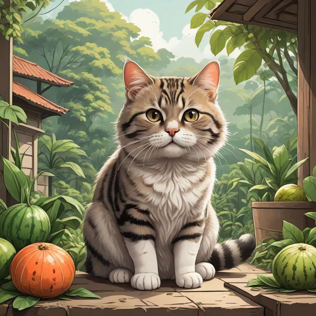 a cat sitting on a ledge next to a pumpkin and watermelon garden with a house in the background, Dan Mumford, sots art, a storybook illustration, official art