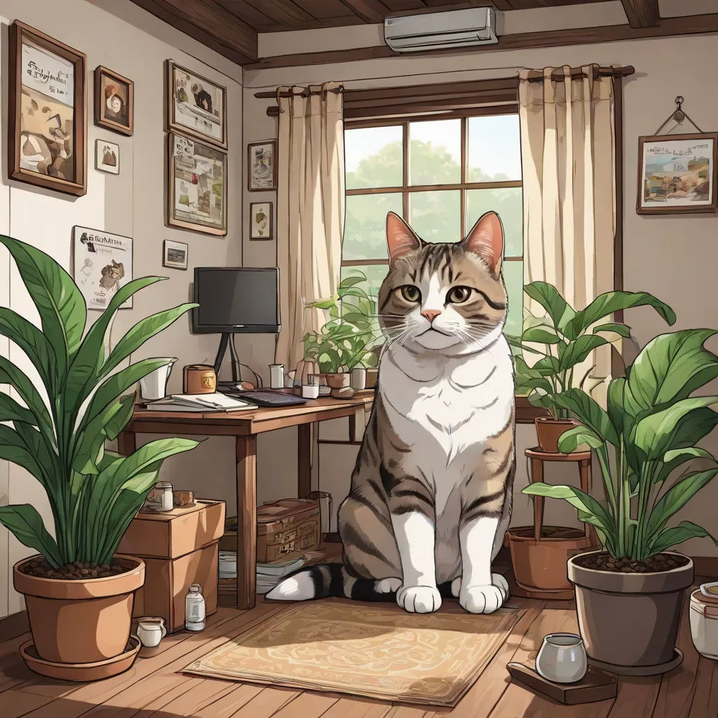a cat sitting on a rug in a room with potted plants and a desk with a computer on it, artist, furry art, a detailed painting, official art