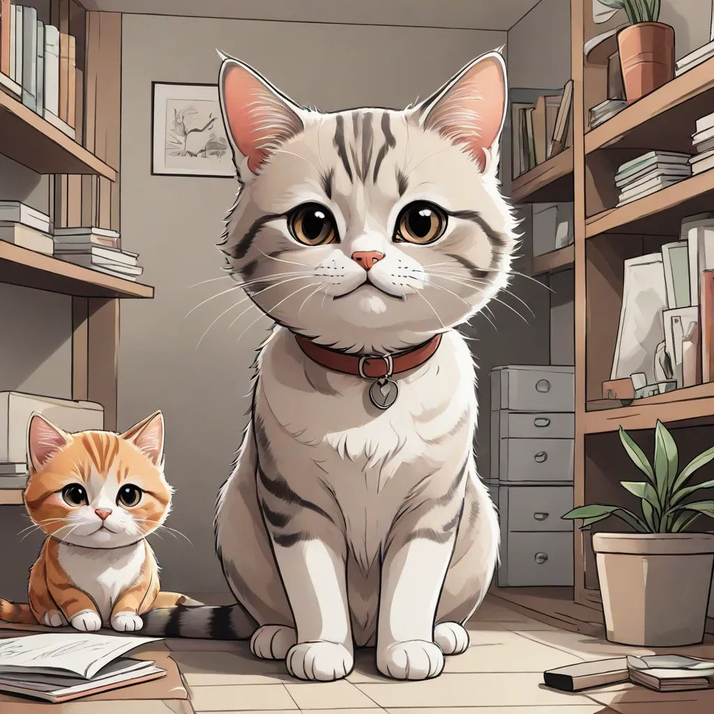a cat and a cat sitting on the floor in a room with bookshelves and a plant in the corner, Chen Hong, sots art, computer graphics, anime art