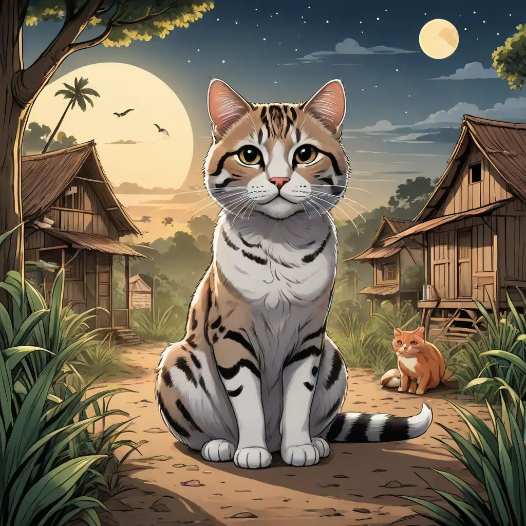 a cat sitting on a dirt road in front of a full moon and a forest with a house and a cat, Chris LaBrooy, sots art, a storybook illustration, official art