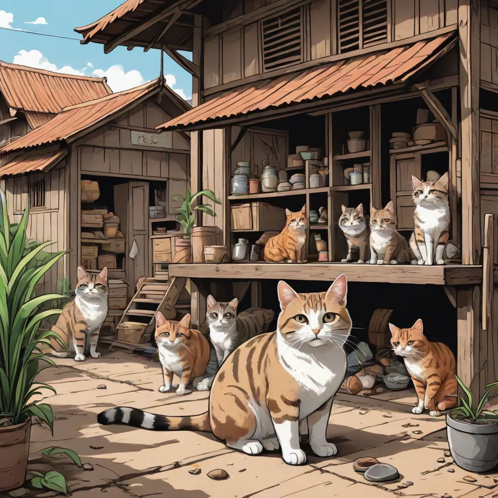 a group of cats sitting on a porch next to a building with pots and plants on it and a cat sitting on the ground, Dan Mumford, furry art, computer graphics, official art