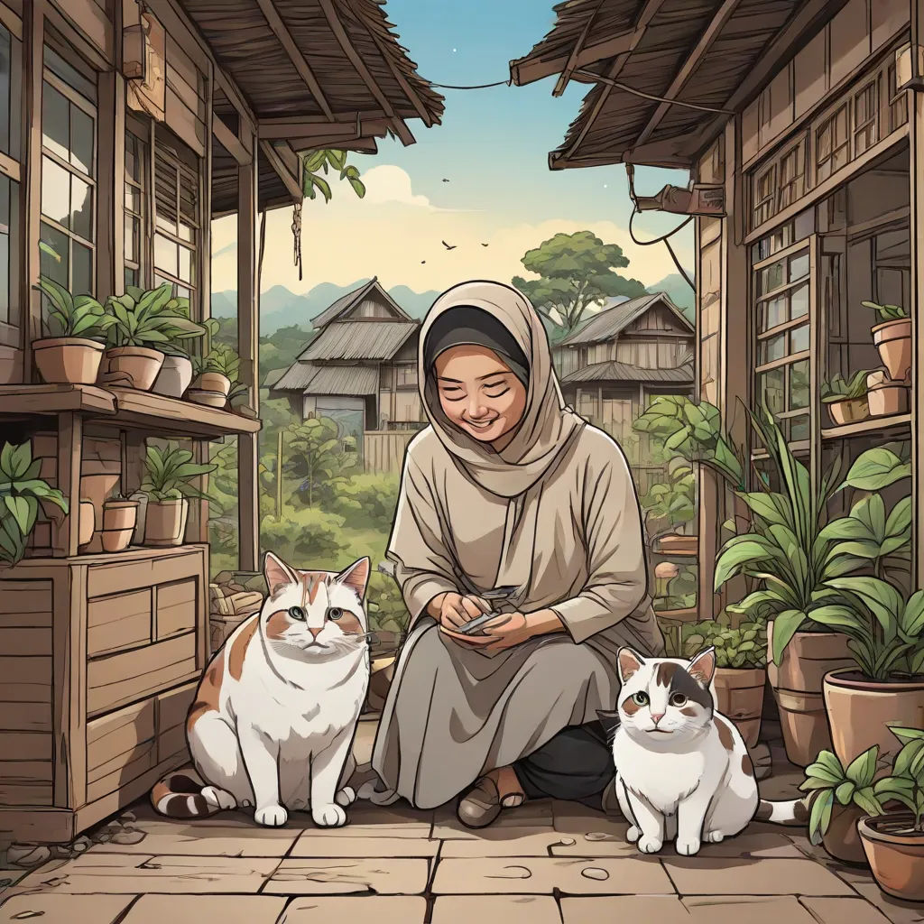 a woman sitting on a porch with two cats and a cat sitting next to her on the ground next to her, Farel Dalrymple, serial art, a storybook illustration, detailed illustration