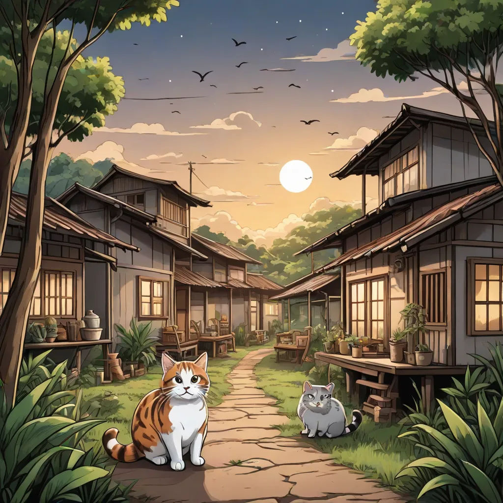 a cat sitting on a path in front of a house with a full moon in the background and birds flying overhead, Dan Mumford, sots art, a storybook illustration, official art