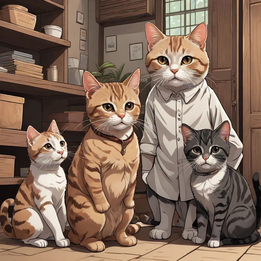 a group of cats sitting next to each other on a floor next to a shelf with a potted plant, Anne Said, furry art, an album cover, official art