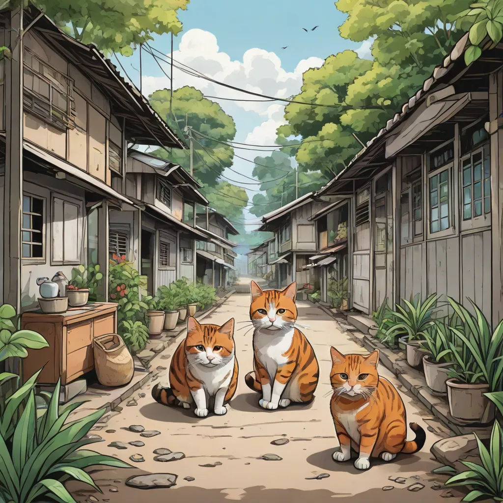 a couple of cats sitting on a sidewalk next to a house and trees and plants in front of them, Dan Mumford, serial art, a comic book panel, official art