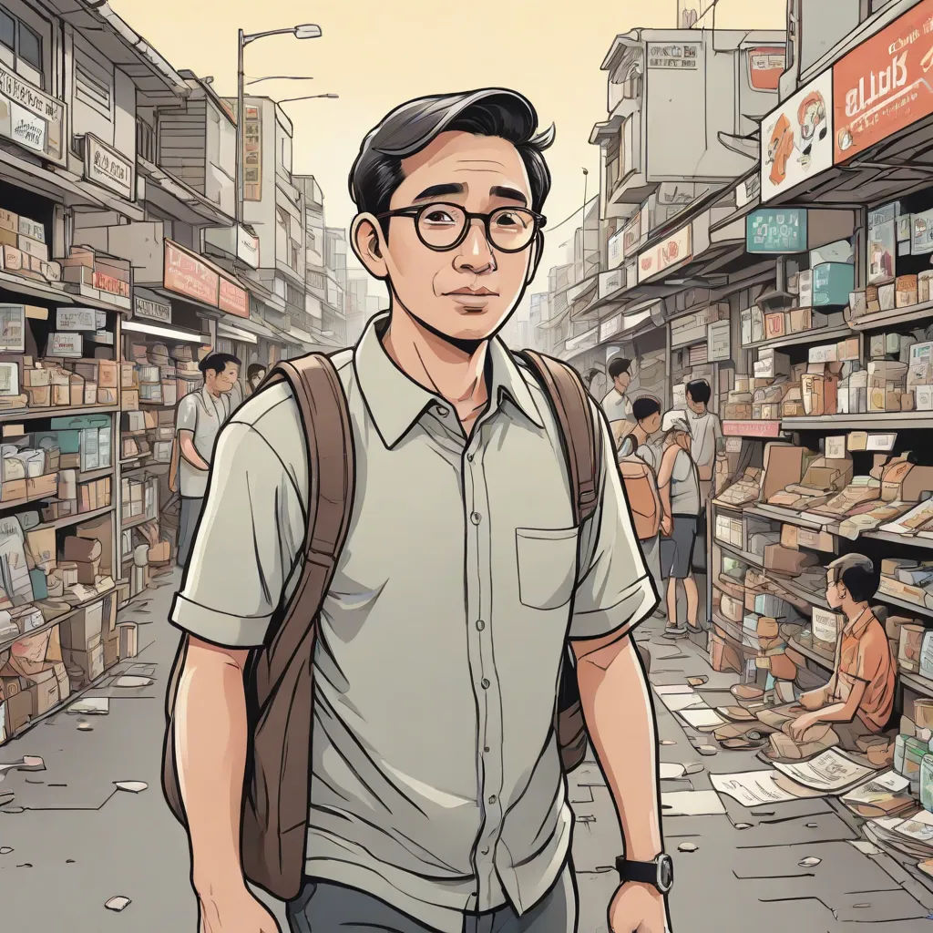 a man with a backpack is walking through a store aisle with boxes on the shelves and people in the background, Asaf Hanuka, serial art, a character portrait, graphic novel