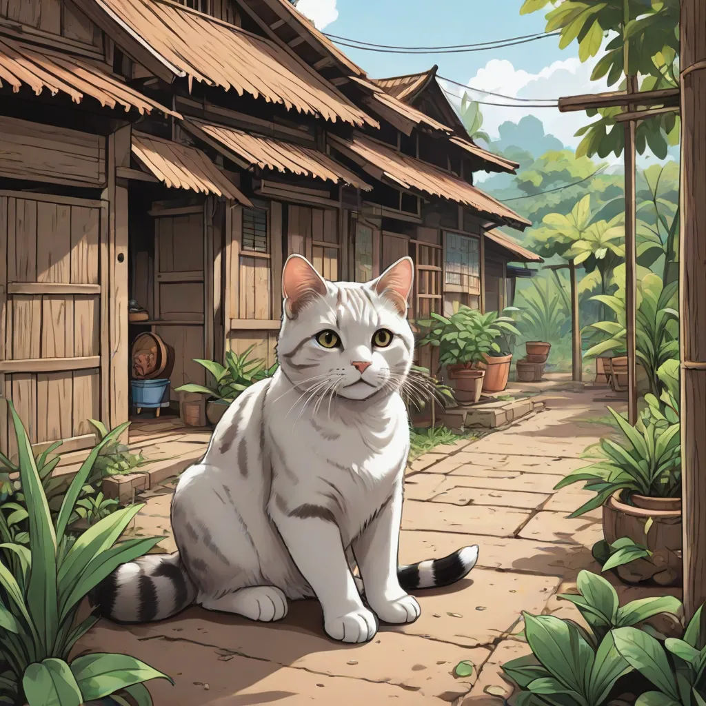 a cat sitting on a stone walkway in front of a house with a potted plant next to it, Chen Hong, furry art, a storybook illustration, official art
