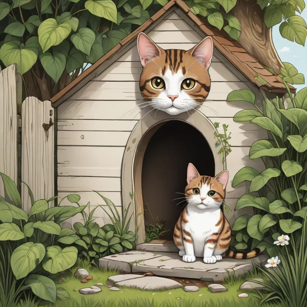 a cat sitting in a dog house in the grass with a cat looking out the door of it's entrance, Chris LaBrooy, pop surrealism, a storybook illustration, highly detailed digital painting