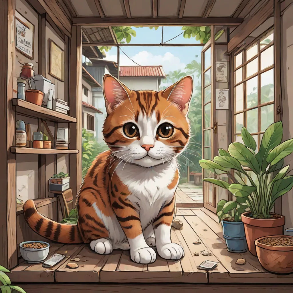 a cat sitting on a wooden floor in a room with a potted plant and a potted plant, Chris LaBrooy, sots art, a storybook illustration, official art