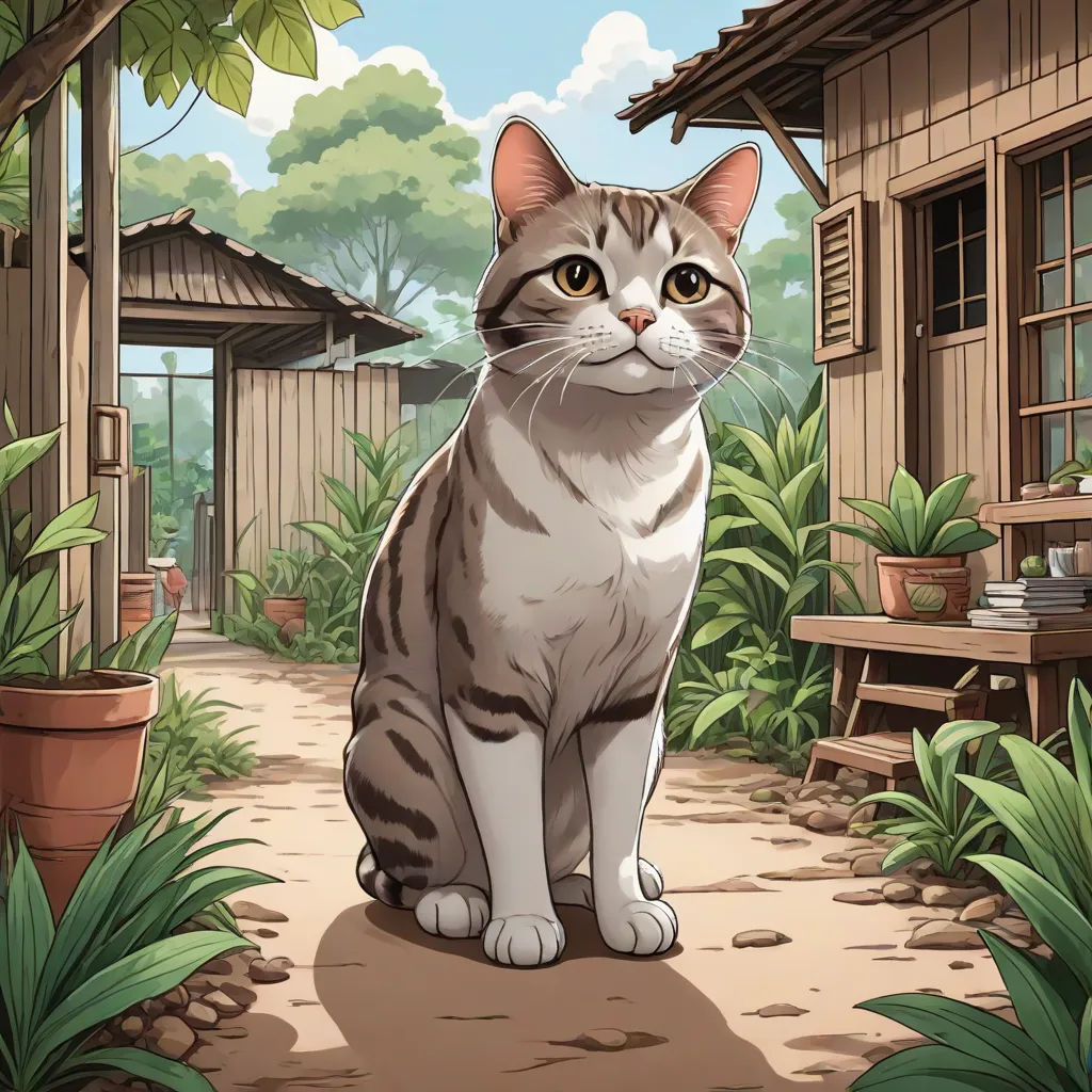 a cat sitting on a path in a garden with a house in the background and a potted plant, Carlos Catasse, sots art, a character portrait, official art