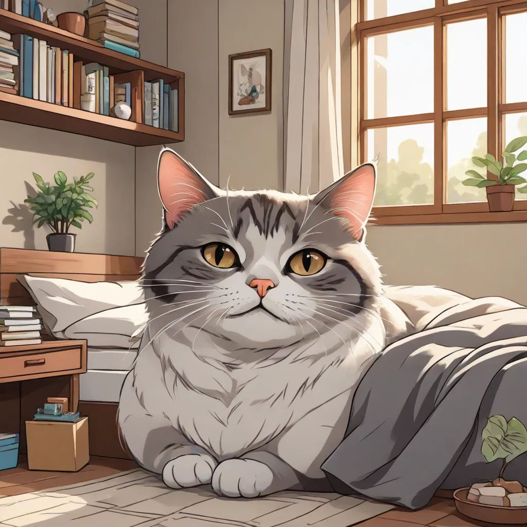 a cat is laying on a bed with a blanket on it's side and looking at the camera, Ada Gladys Killins, sots art, a character portrait, official art