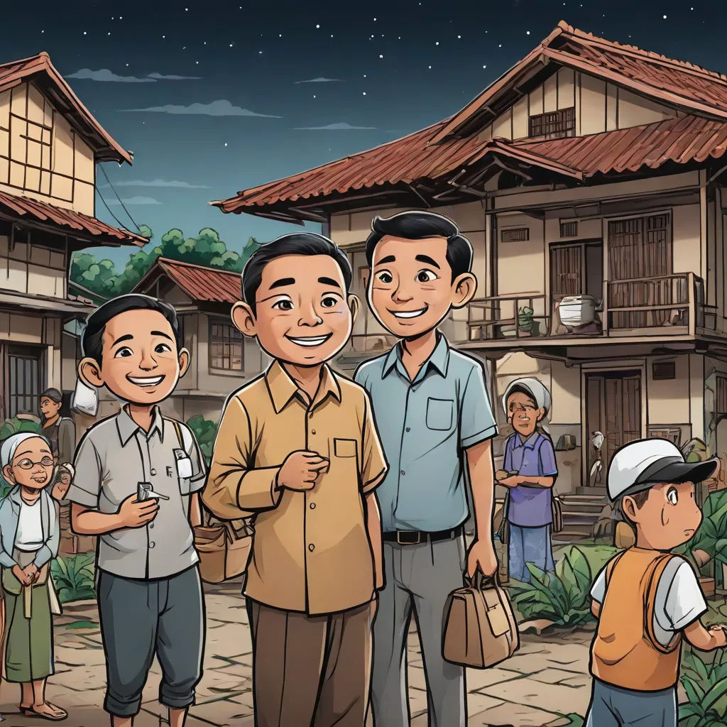 a group of people standing in front of a building with a sky background and a full moon in the sky, Basuki Abdullah, regionalism, a storybook illustration, graphic novel