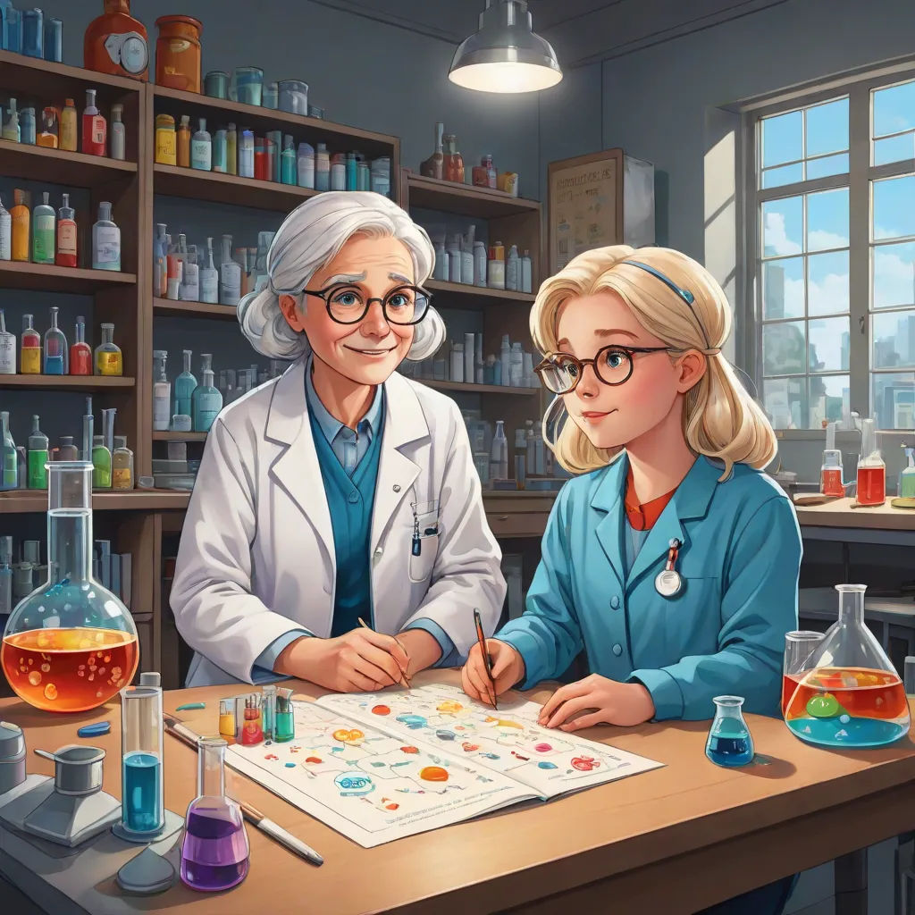 a doctor and a woman sitting at a table with a book and a beakle in front of them, american scene painting, a detailed painting, Ada Gladys Killins, official art