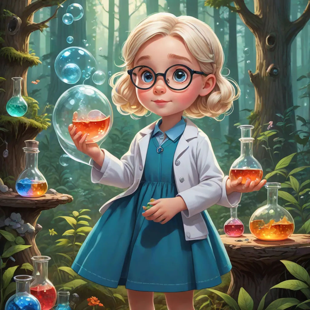 a little girl in a blue dress holding a bubble filled glass in a forest with a lot of bubbles, fantasy art, an ultrafine detailed painting, Chris Rallis, rossdraws global illumination