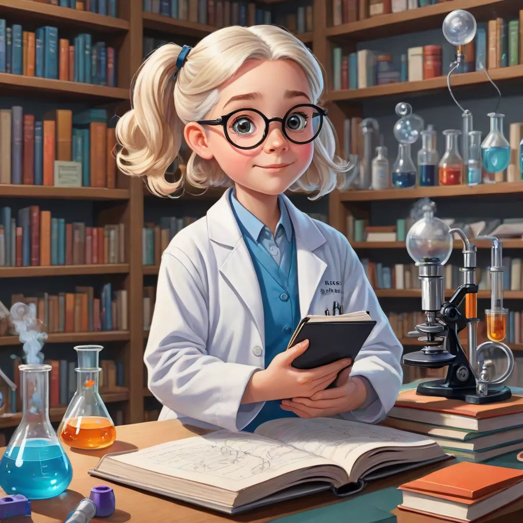 a cartoon girl in a lab coat holding a book and looking at a book in front of a bookcase, fantasy art, a storybook illustration, Elinor Proby Adams, cgstudio