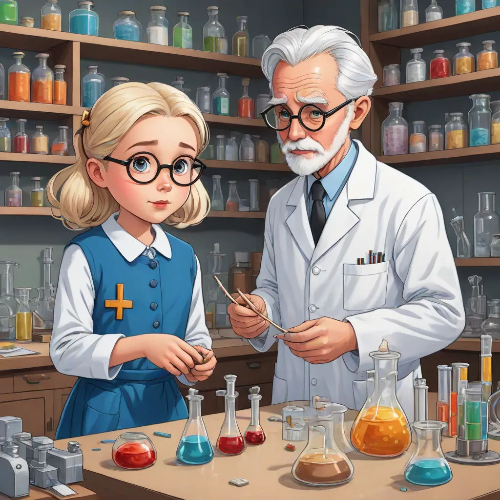 a man and a little girl are in a lab together, looking at a flask of liquid and a flask of liquid, sots art, a storybook illustration, Cliff Childs, trending on art station