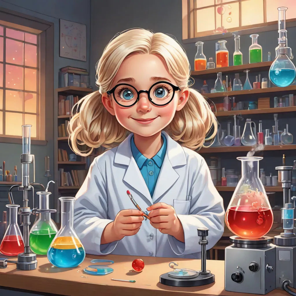 a cartoon girl in a lab coat holding a pair of scissors and a beaker with liquid in it, american scene painting, a character portrait, Chris Rallis, trending on art station