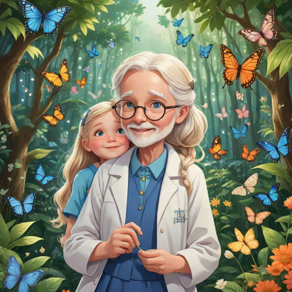 a painting of a man and a girl in a forest with butterflies around them and a butterfly - themed background, magical realism, a storybook illustration, Elinor Proby Adams, official art