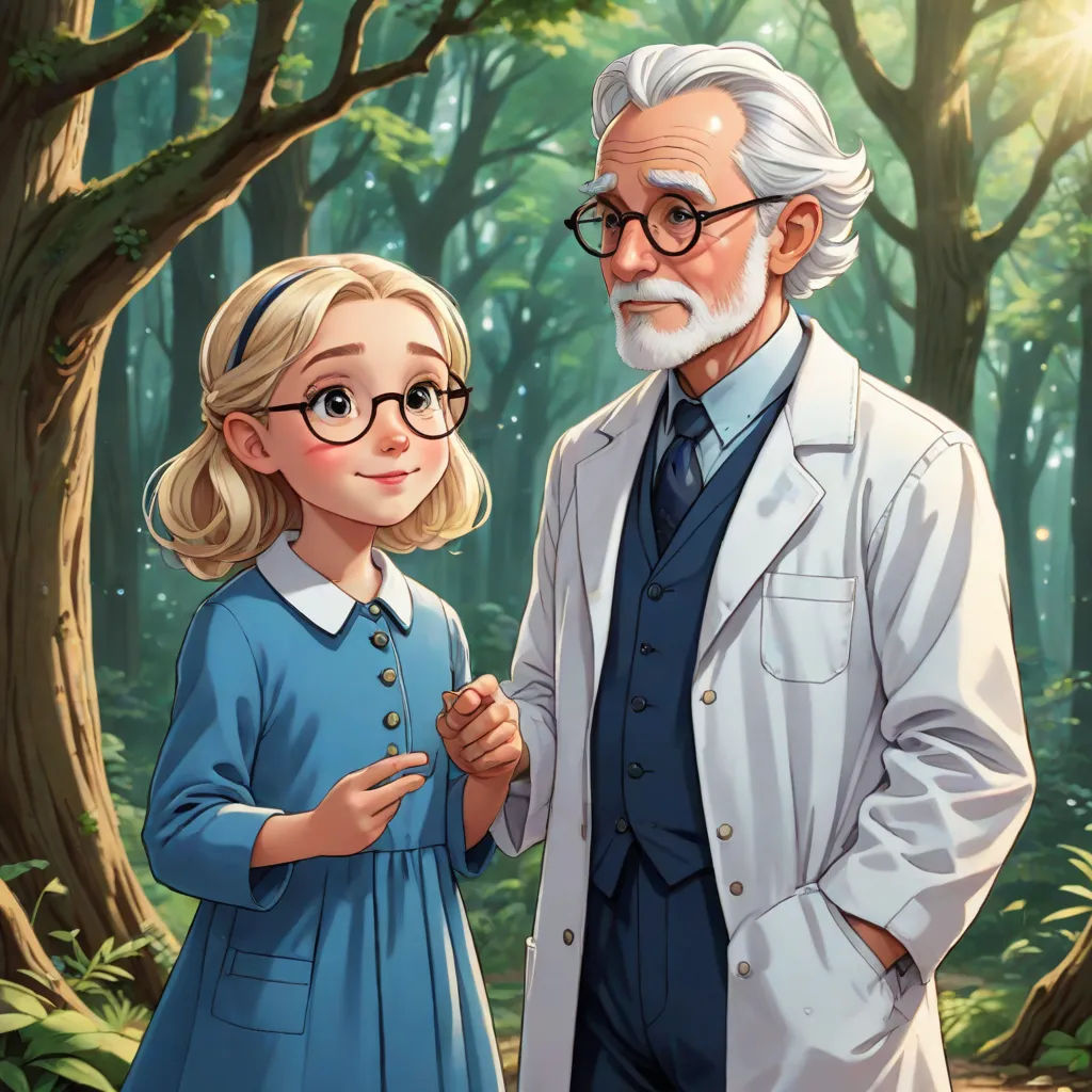 a man and a little girl standing in a forest with trees and leaves behind them, both wearing glasses, magical realism, a storybook illustration, David Brewster, official art