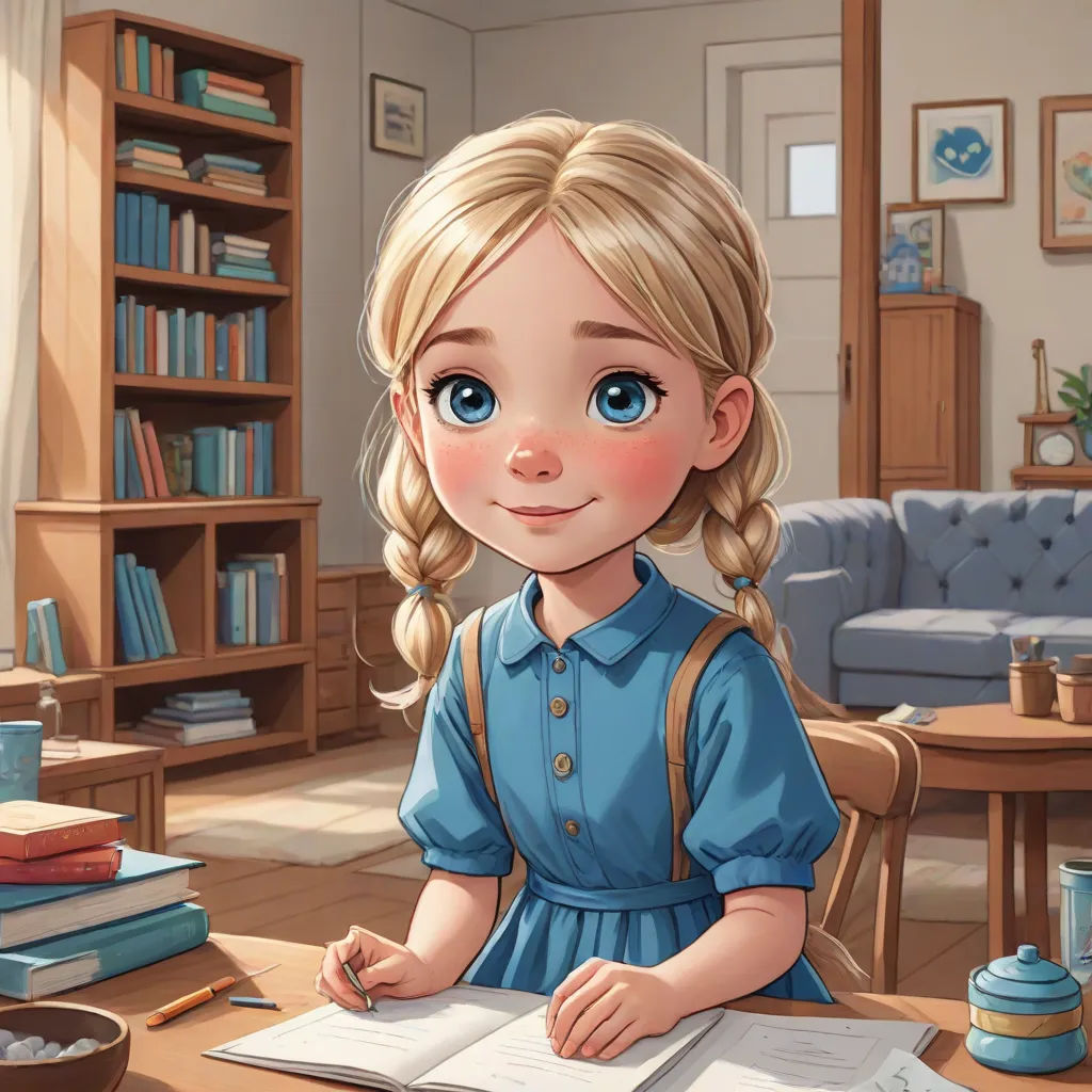 a cartoon girl sitting at a table with a book and pen in her hand and a book in her other hand, photorealism, a storybook illustration, Clarice Beckett, cgstudio