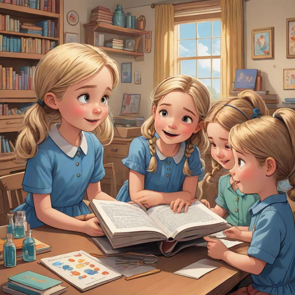 a group of children sitting at a table reading a book together in a library with a window in the background, photorealism, a storybook illustration, Brothers Hildebrandt, storybook illustration
