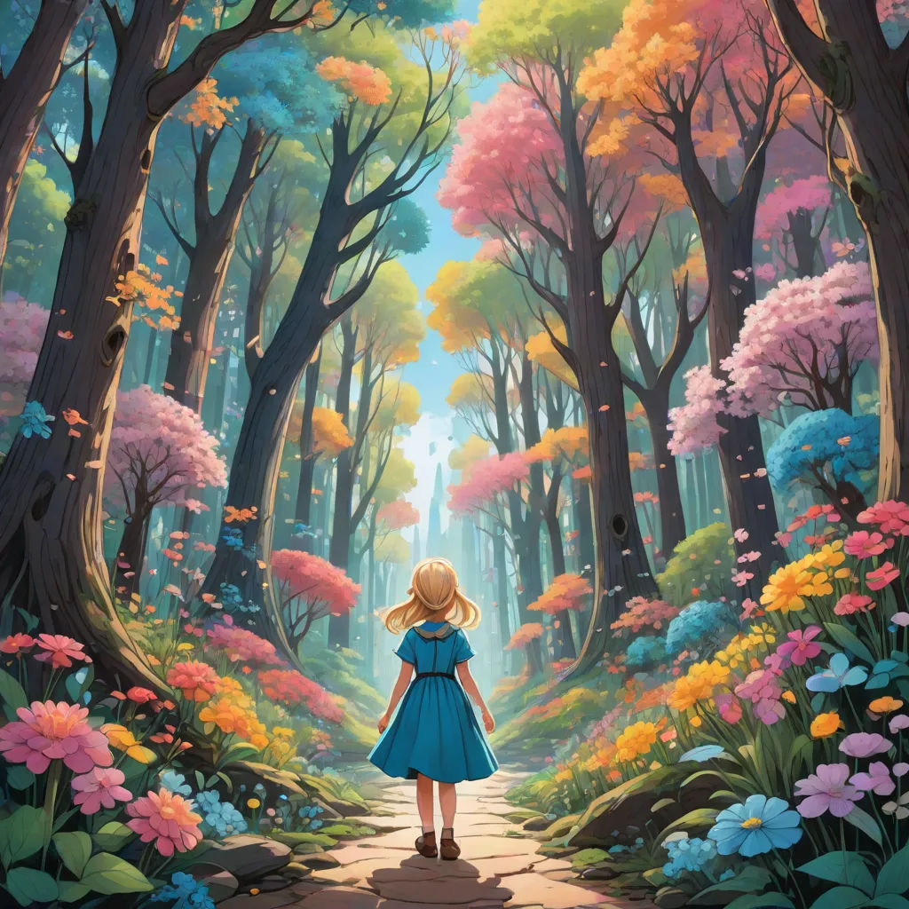 a painting of a girl in a blue dress walking through a forest with flowers and trees on either side of her, fantasy art, a storybook illustration, Alice Prin, rossdraws global illumination