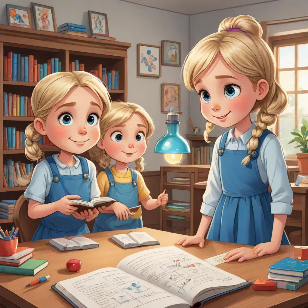 a couple of kids that are standing in front of a book shelf with a book on it and a lamp, photorealism, a storybook illustration, disney, official art