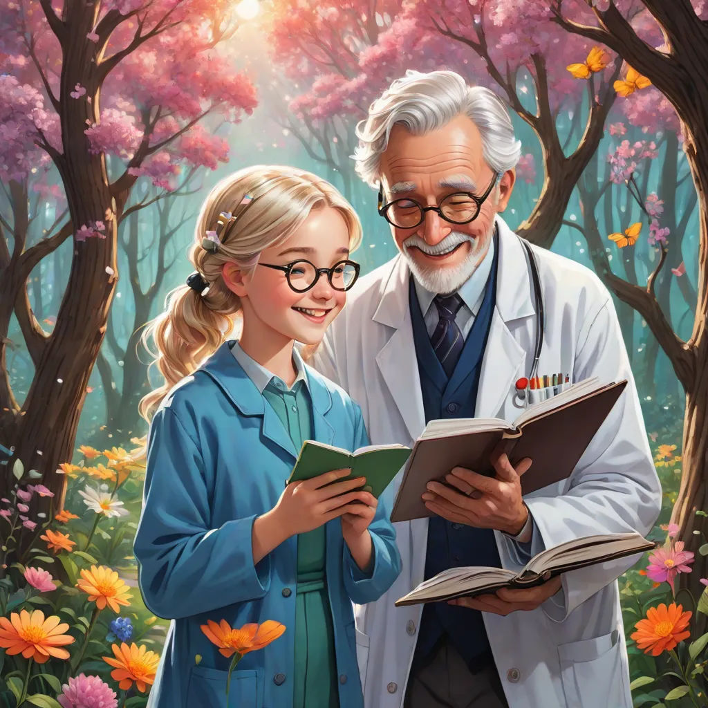 a painting of a doctor and a girl reading a book together in a forest with flowers and trees in the background, magical realism, a storybook illustration, David Brewster, official art