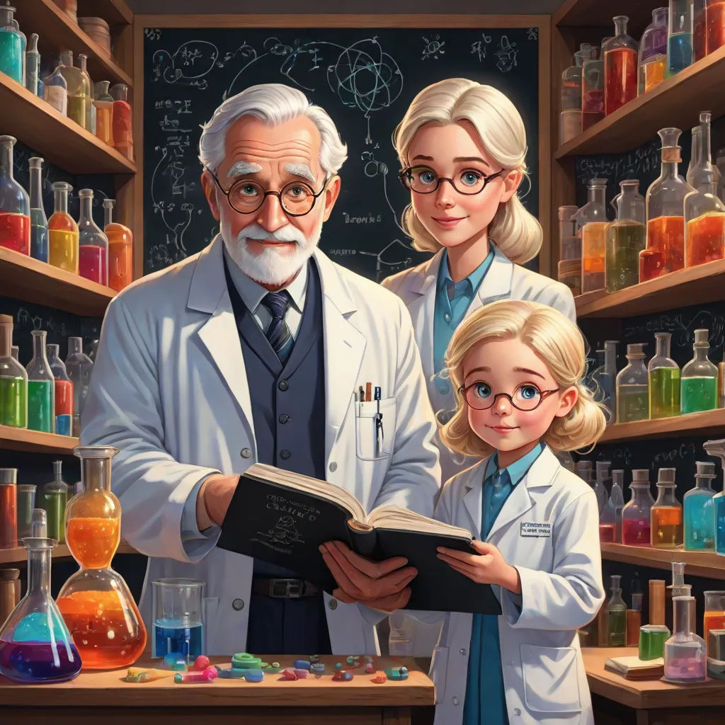 a man and two children are in a lab with a book in front of them and a man is holding a book, fantasy art, a storybook illustration, Cliff Childs, official art