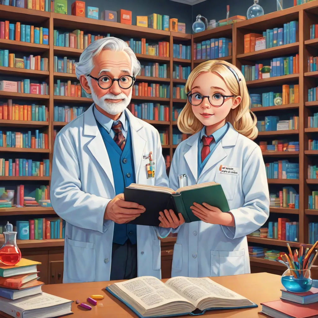 a man and a woman are standing in a library reading a book together, with a man in a lab coat and tie, academic art, a storybook illustration, David Brewster, official art