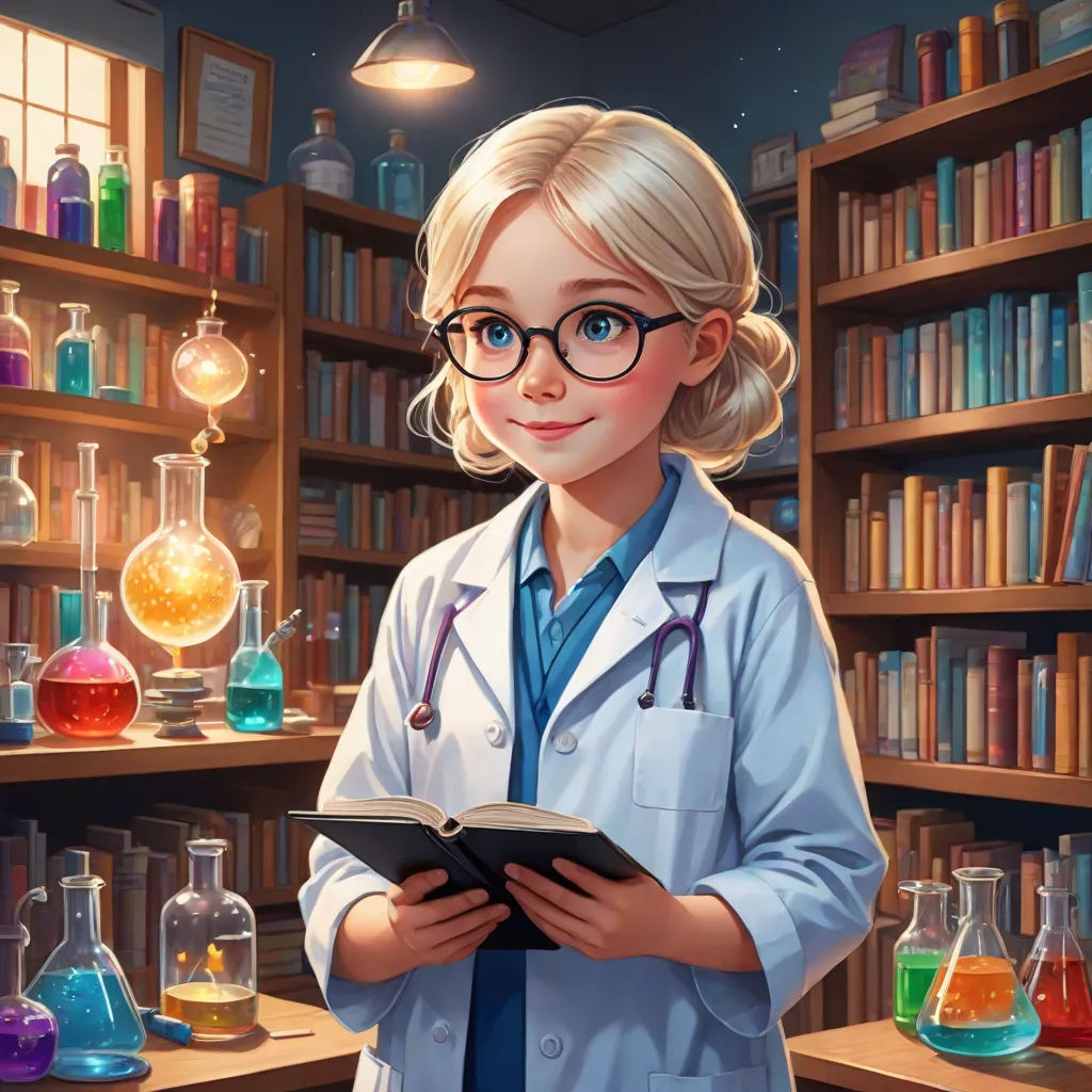 a cartoon girl in a lab coat holding a book in front of a shelf of books and flasks, remodernism, a detailed painting, Constance Gordon-Cumming, trending on art station