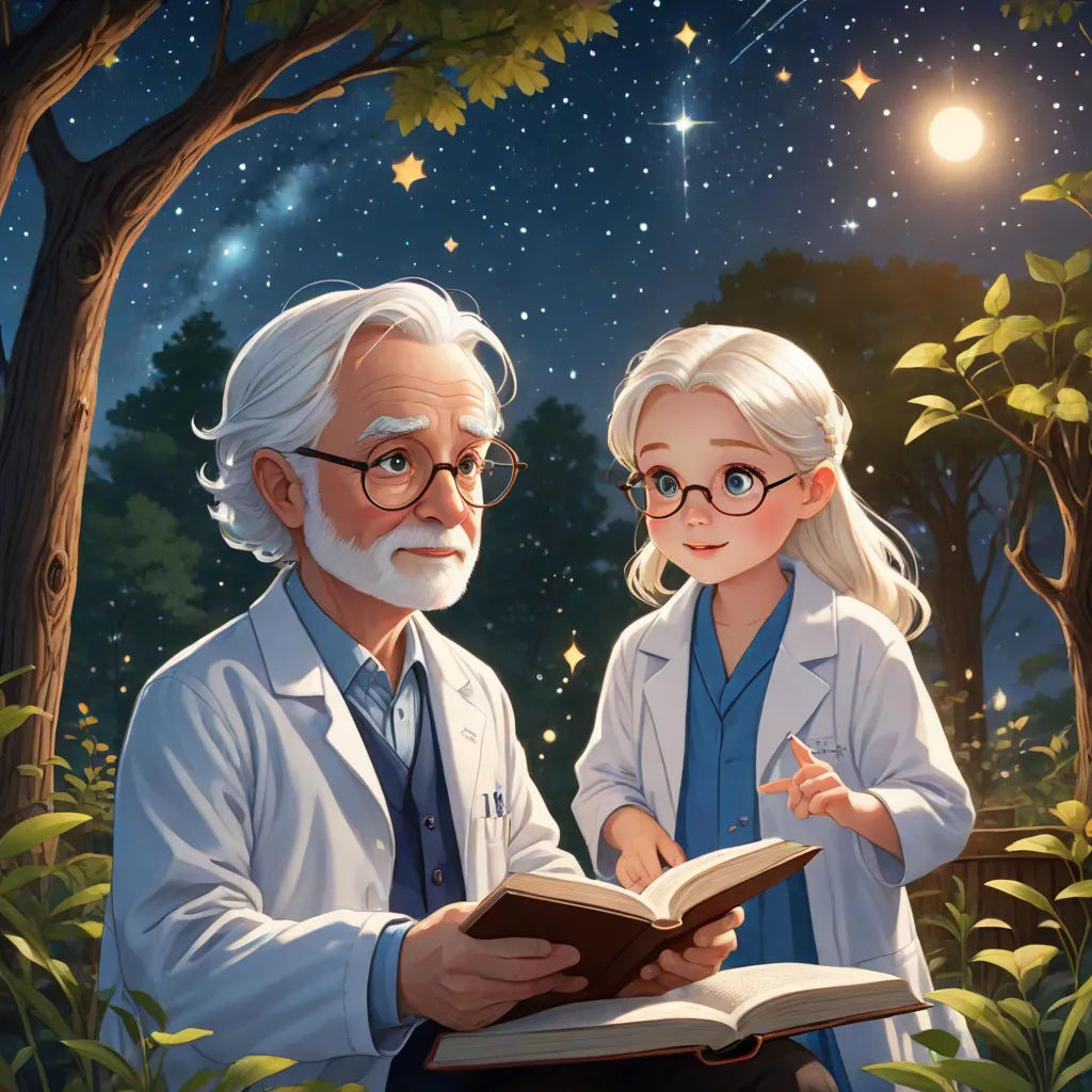 a man and a woman reading a book under a tree at night with stars in the sky above them, fantasy art, a storybook illustration, Cliff Childs, official art