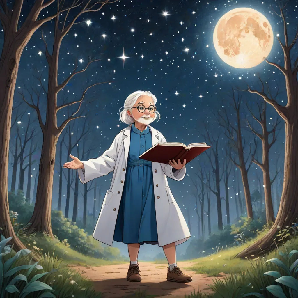 a painting of a woman reading a book in the woods at night with the moon in the background and stars in the sky, magical realism, a storybook illustration, Cliff Childs, official art