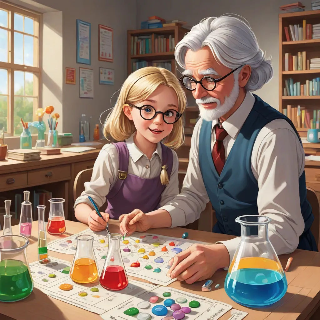 a man and a little girl are doing science in a lab with a man in a blue vest and tie, american scene painting, a detailed painting, Bob Byerley, official art