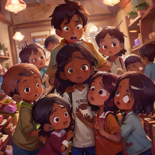 a group of children standing in front of a crowd of people in a restaurant with a man standing on top of a table