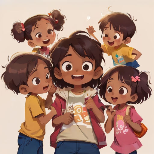 a group of children standing next to each other in front of a white background with a cartoon character on it