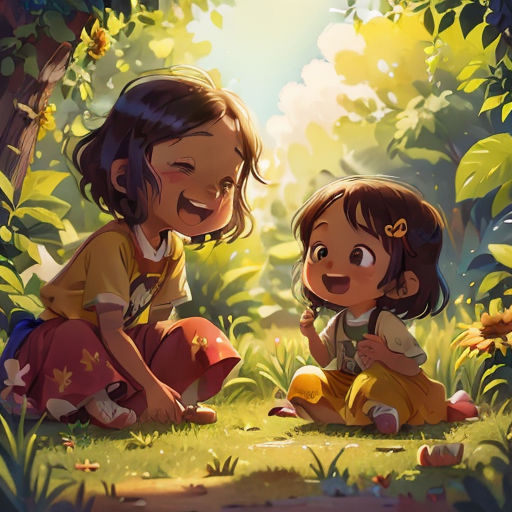 two little girls sitting in the grass near a tree and a forest with sunflowers on it, and one girl is smiling