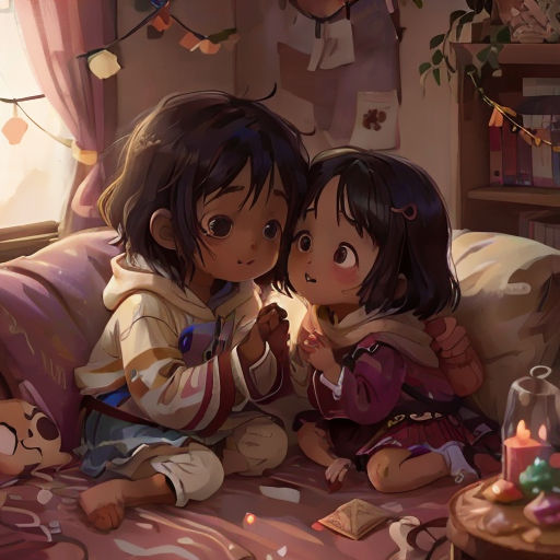 two little girls sitting on a bed next to each other with candles in their hands and a teddy bear