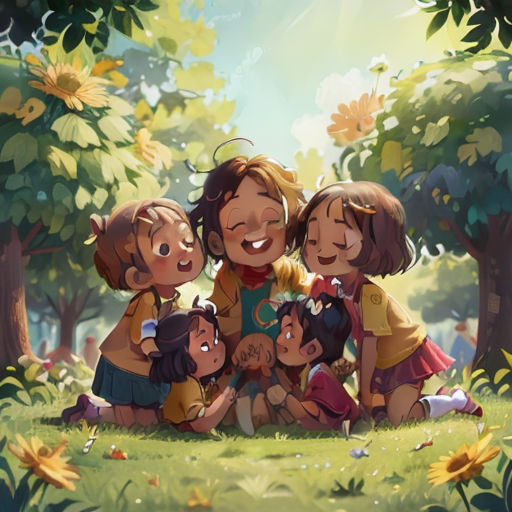 a group of children sitting on the ground in a forest with sunflowers behind them and a woman holding a child
