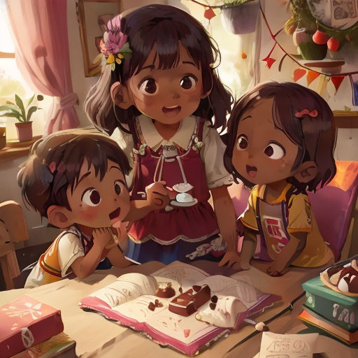 a group of children standing around a table with a cake on it and a book on the table with a cup of coffee