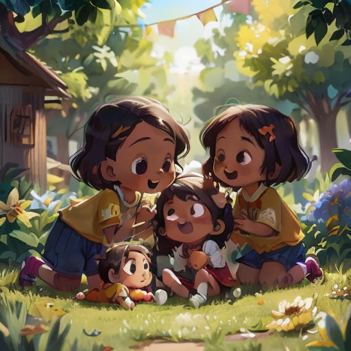 a group of children sitting on the ground in a forest with a dog and a bird flying above them