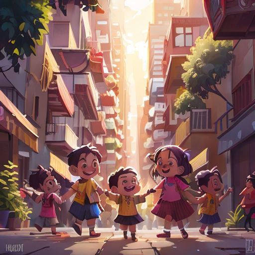 a group of children walking down a street next to tall buildings and a tall building with a light shining down