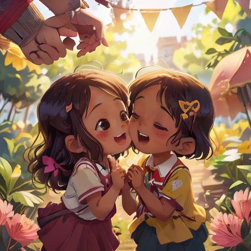 two children are standing in front of a flower garden and one is kissing the other's cheek with a hand