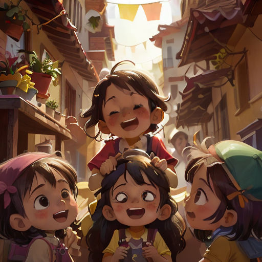 a group of children standing in a narrow alleyway with a woman holding a child on her shoulders and a man standing behind them