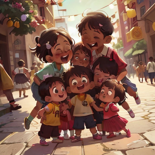 a group of children standing next to each other on a street with a building in the background and a string of lights above them