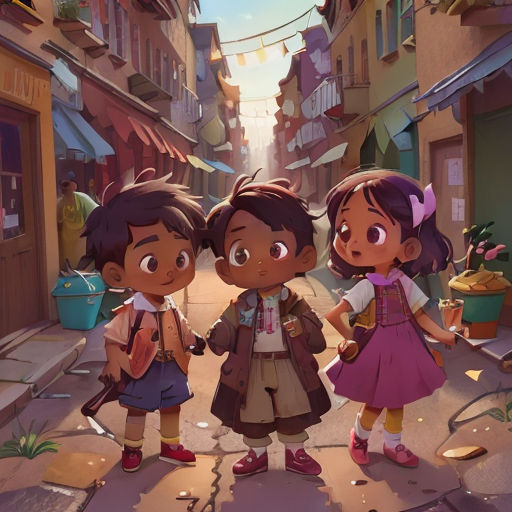 three children standing on a street corner holding hands and looking at something in the distance with a city in the background