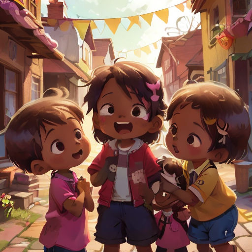 three children standing in a street with a dog and a teddy bear in front of them, with a bunting banner in the background