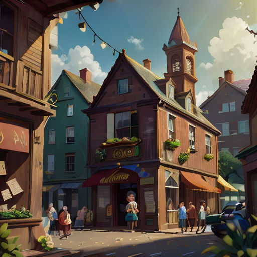 a painting of a town with a clock tower in the background and people walking around the town square in front of it