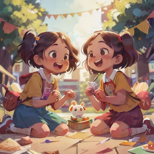 two young girls sitting on the ground eating food together, with bunnies and bunnies in the background